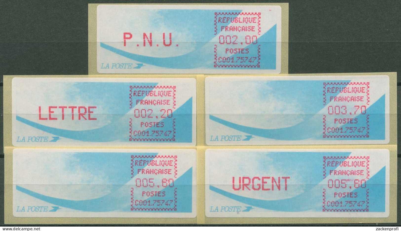 Frankreich ATM 1988 Satz 2,00/2,20/3,70/5,60/5,60 ATM 9.10 B PS 1 Postfrisch - 1985 Papier « Carrier »