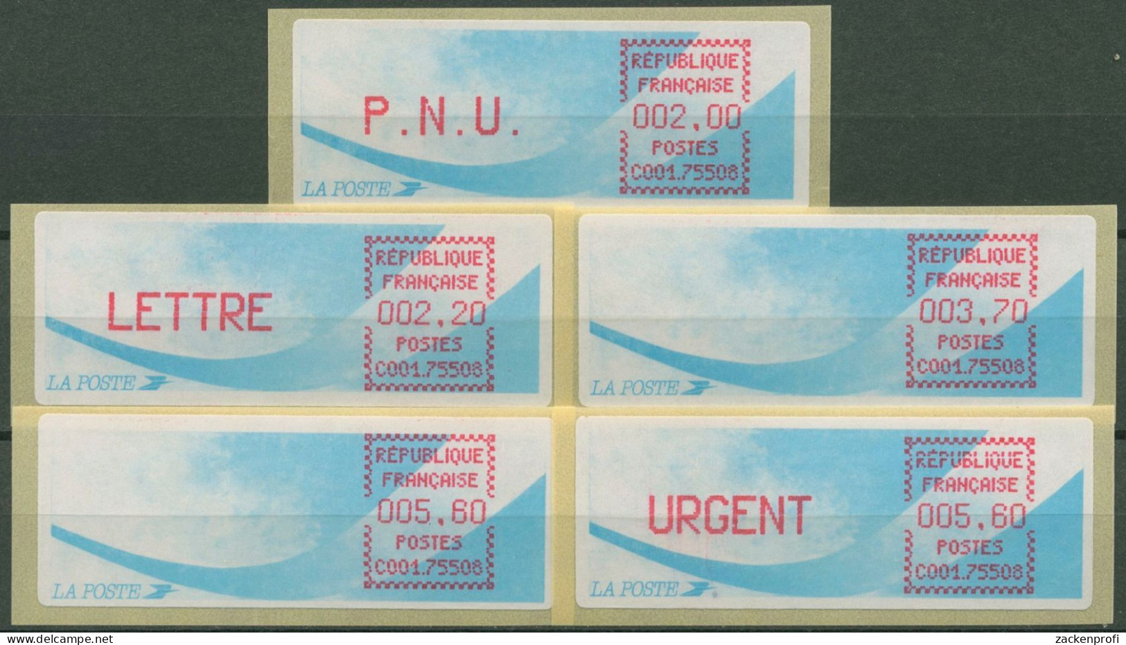 Frankreich ATM 1988 Satz 2,00/2,20/3,70/5,60/5,60 ATM 9.4 B PS 1 Postfrisch - 1985 « Carrier » Paper