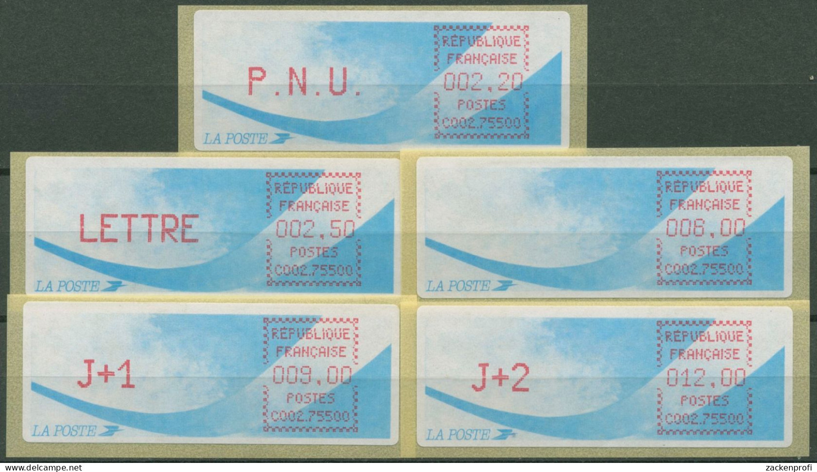 Frankreich ATM 1988 Satz 2,20/2,50/6,00/9,00/12,00 ATM 9.12 B ZS 7 Postfrisch - 1985 « Carrier » Paper