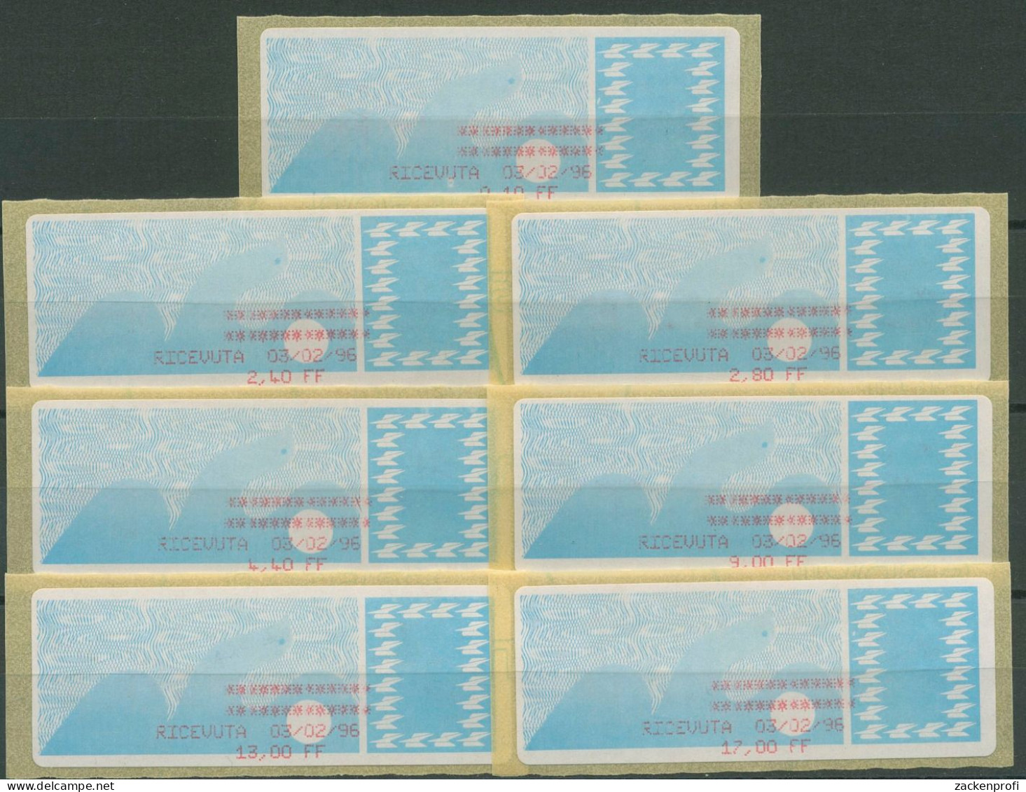 Frankreich ATM 1992/94 Fehlverwendung Satz 7 Werte ATM 6 F 2.2 B Postfrisch - 1985 Papier « Carrier »