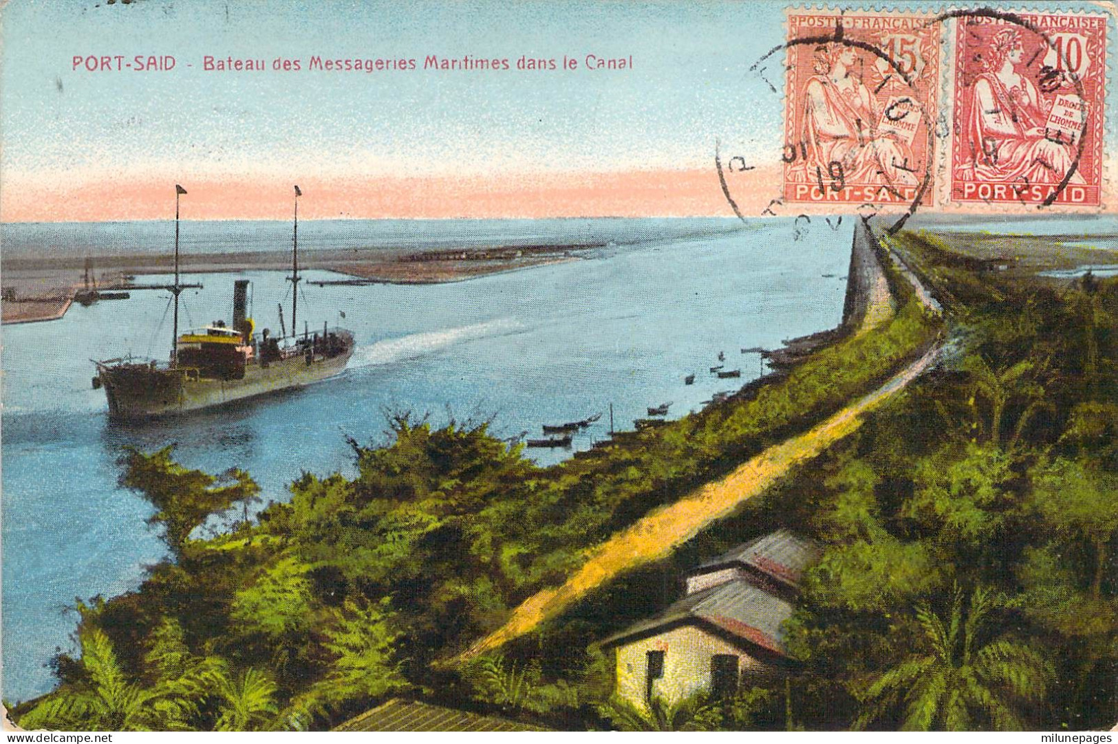 Egypte Bel Affranchissement Bi-colore Mouchon Retouché Port Saïd 10+15 C. 1919 Sur Carte Bâteau Des Messageries Au Canal - Briefe U. Dokumente
