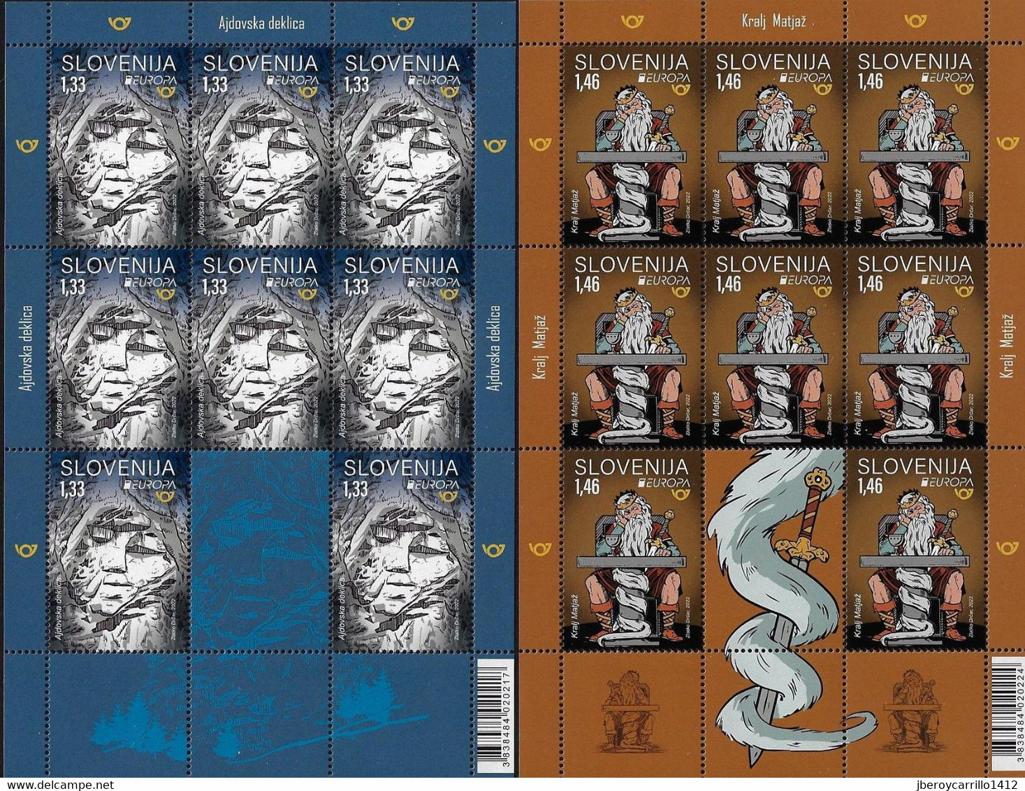 ESLOVENIA /SLOVENIA /SLOWENIEN  -EUROPA 2022 -"STORIES And MYTHS".- TWO SHEETS Of 8 STAMPS MINT + LABEL - 2022