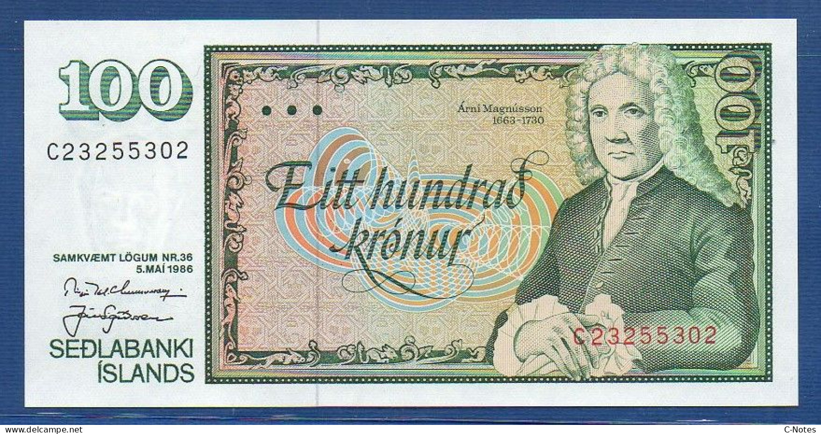 ICELAND - P.54 A2 – 100 Krónur L. 05.05.1986 UNC, S/n C23255302 - Signatures: B. I. Gunnarsson & J. Sigurðsson - Islande