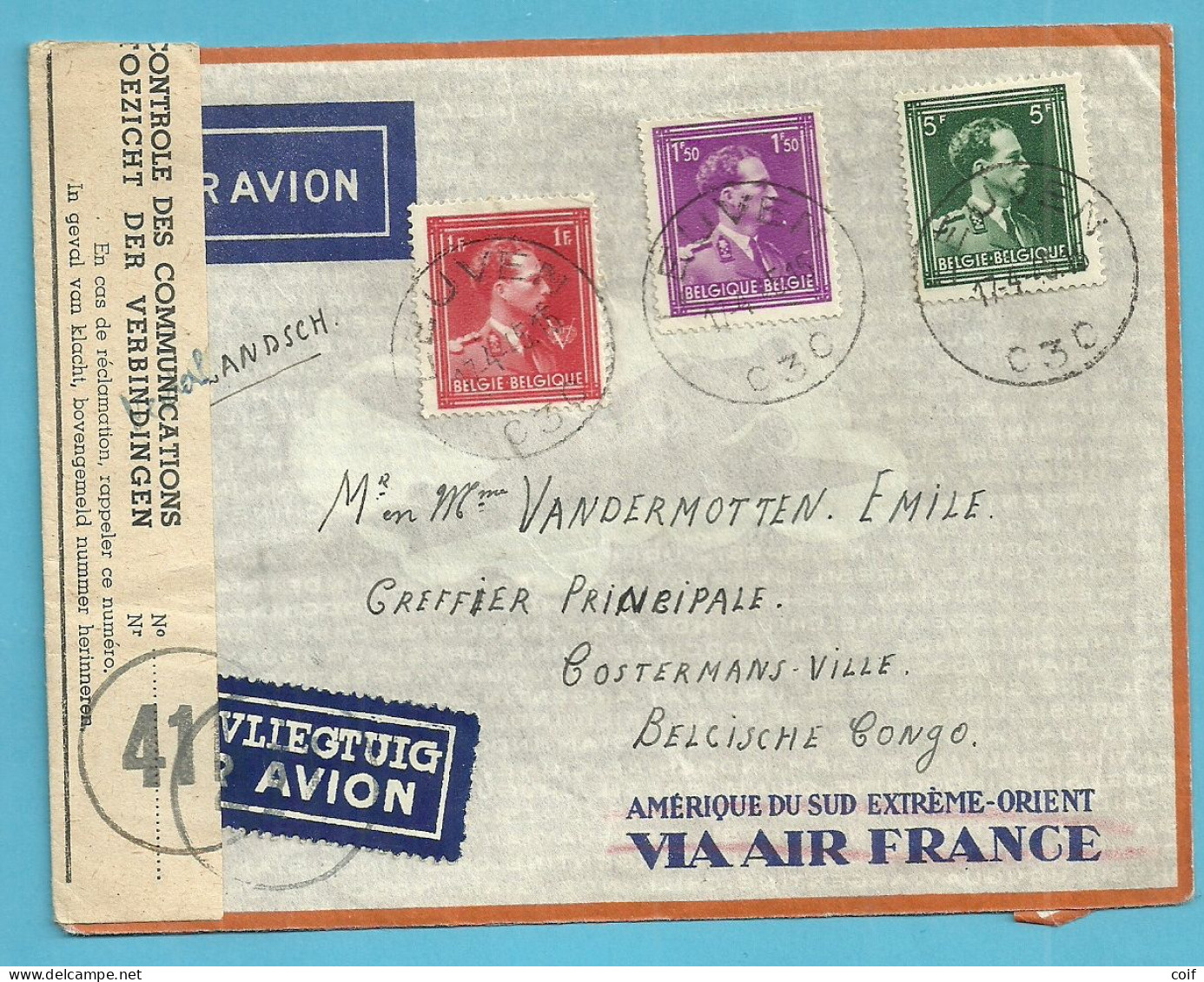 641+646+690 Op Brief Par AVION Van LEUVEN Naar COSTERMANS VILLE (Congo Belge) Strook CONTROLE DES COMMUNICATIONS - 1936-1957 Offener Kragen