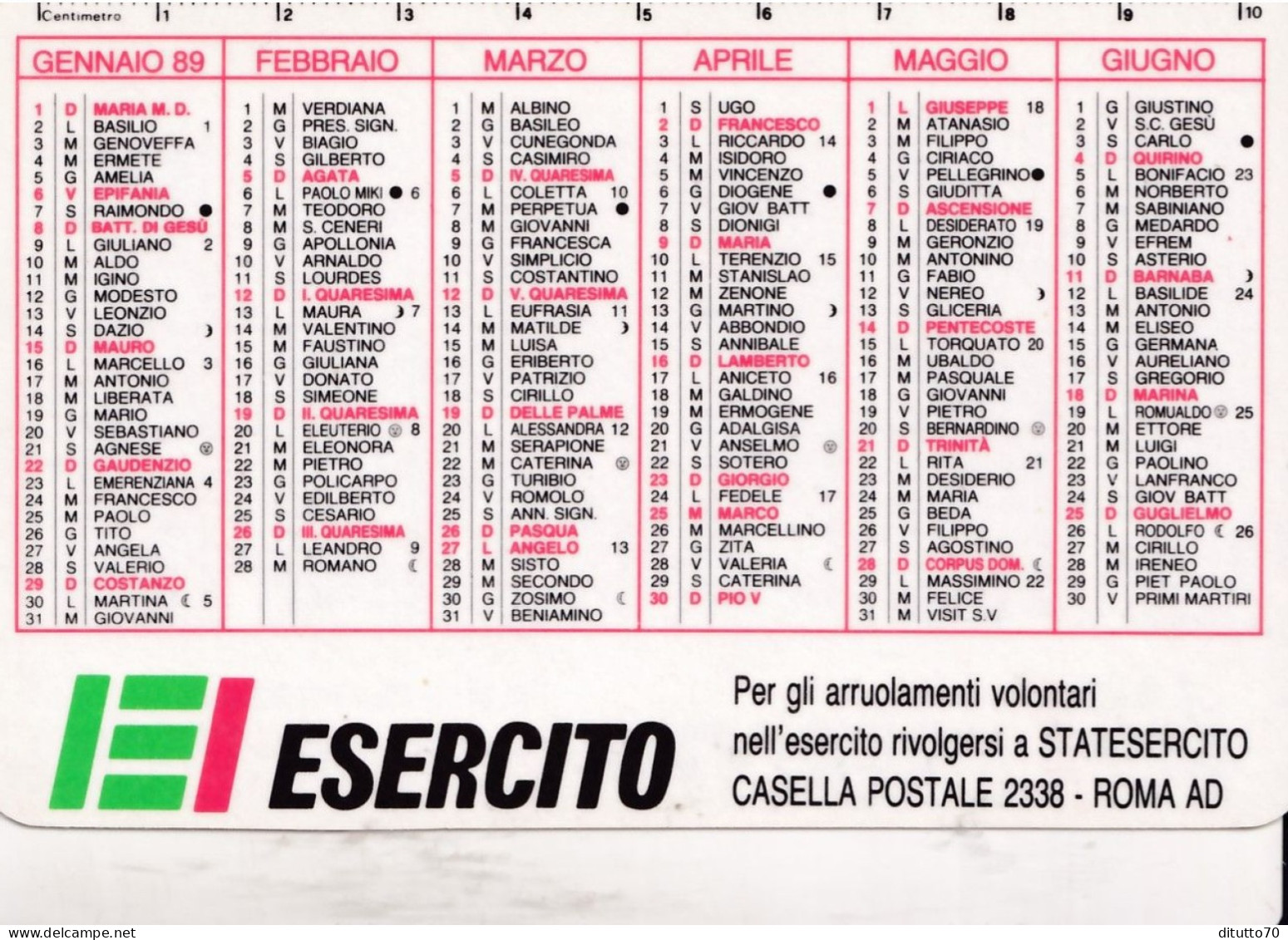 Calendarietto -  Esercito - Anno 1989 - Petit Format : 1981-90