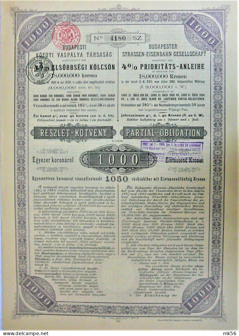 Budapester Strassen-Eisenb.Ges.- 4% Priorit.anl. 1000 Kron (1895) - Chemin De Fer & Tramway