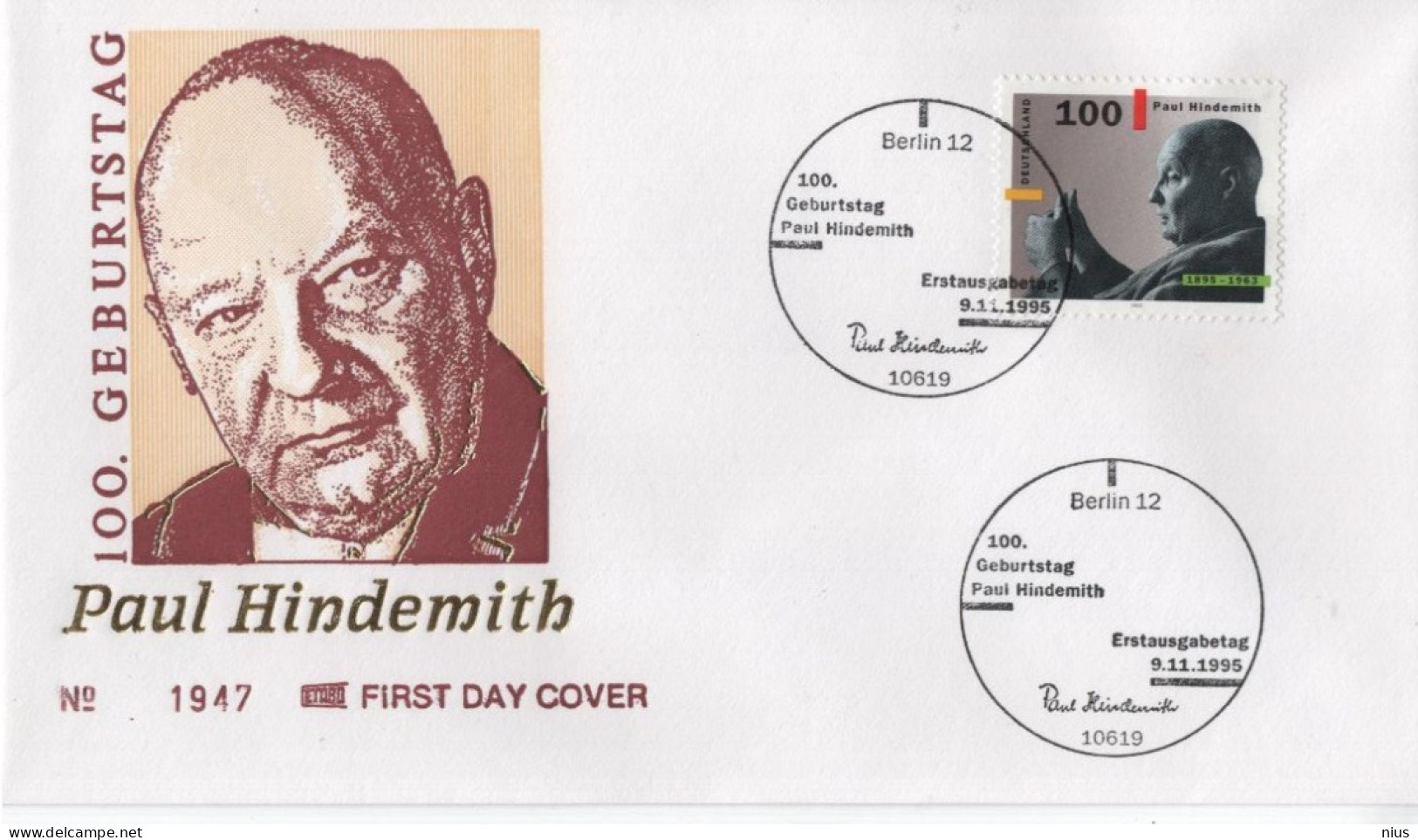 Germany Deutschland 1995 FDC Paul Hindemith, Composer Violinist Conductor Komponist, Music Musik, Canceled In Berlin - 1991-2000