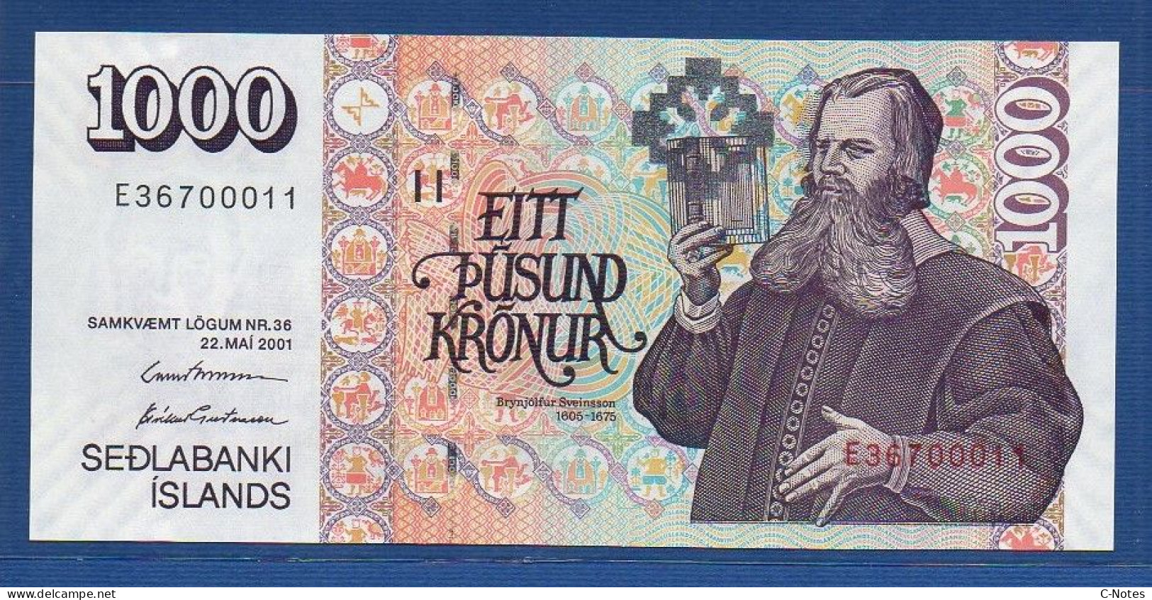 ICELAND - P.59 A4 – 1000 Krónur L. 22.05.2001 UNC, S/n E36700011 - Signatures: Davíð Oddsson & Eiríkur Guðnason - Iceland