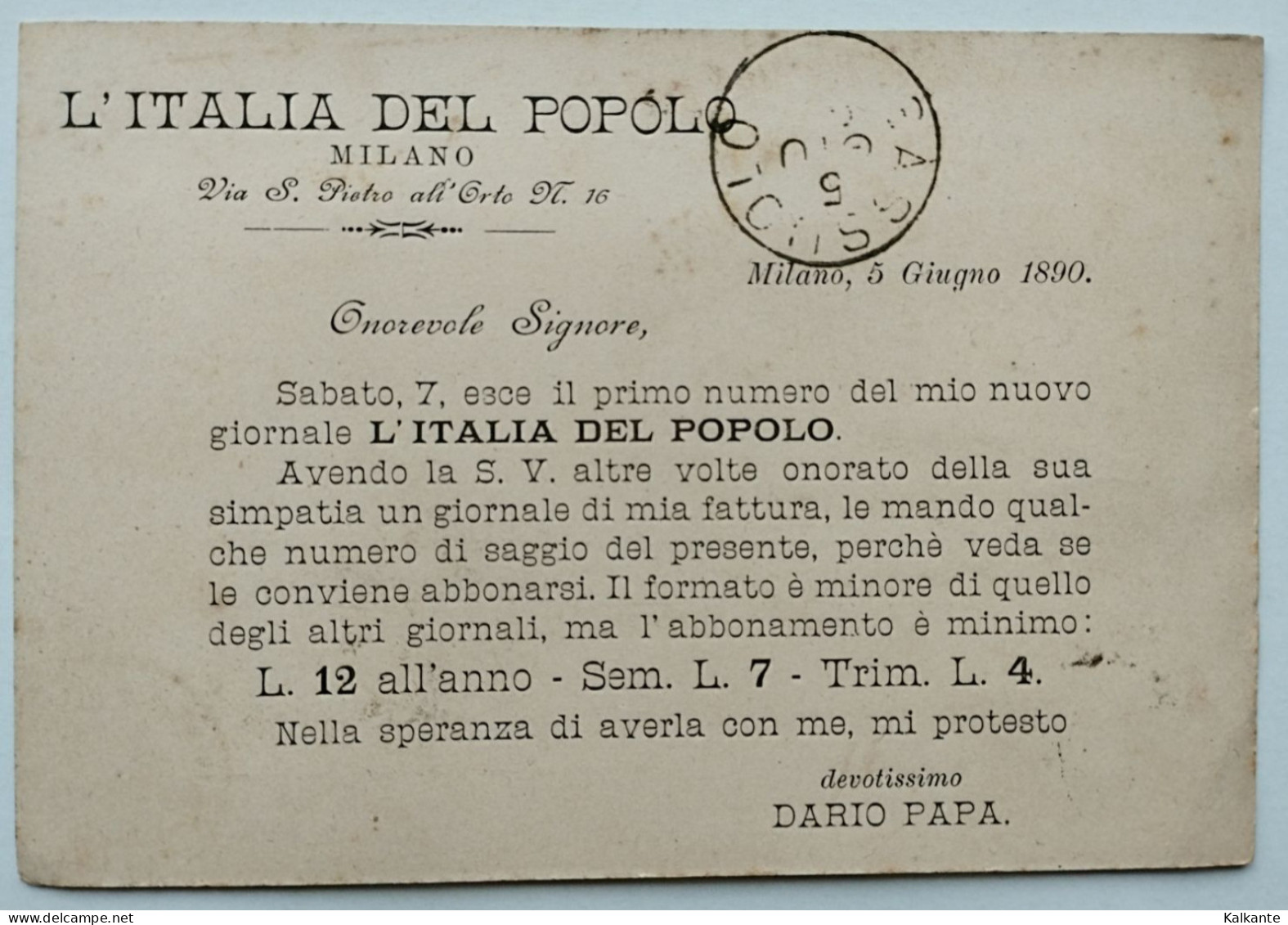 CARTOLINA PROMOZIONALE DEL GIORNALE "L'ITALIA DEL POPOLO", 1890 - Sonstige & Ohne Zuordnung