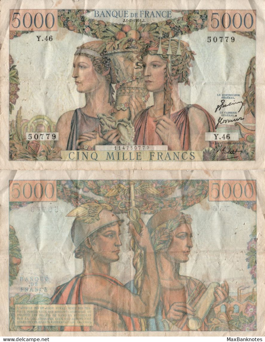 France / 5.000 Francs / 1951 / P-131(b) / VF - 5 000 F 1949-1957 ''Terre Et Mer''