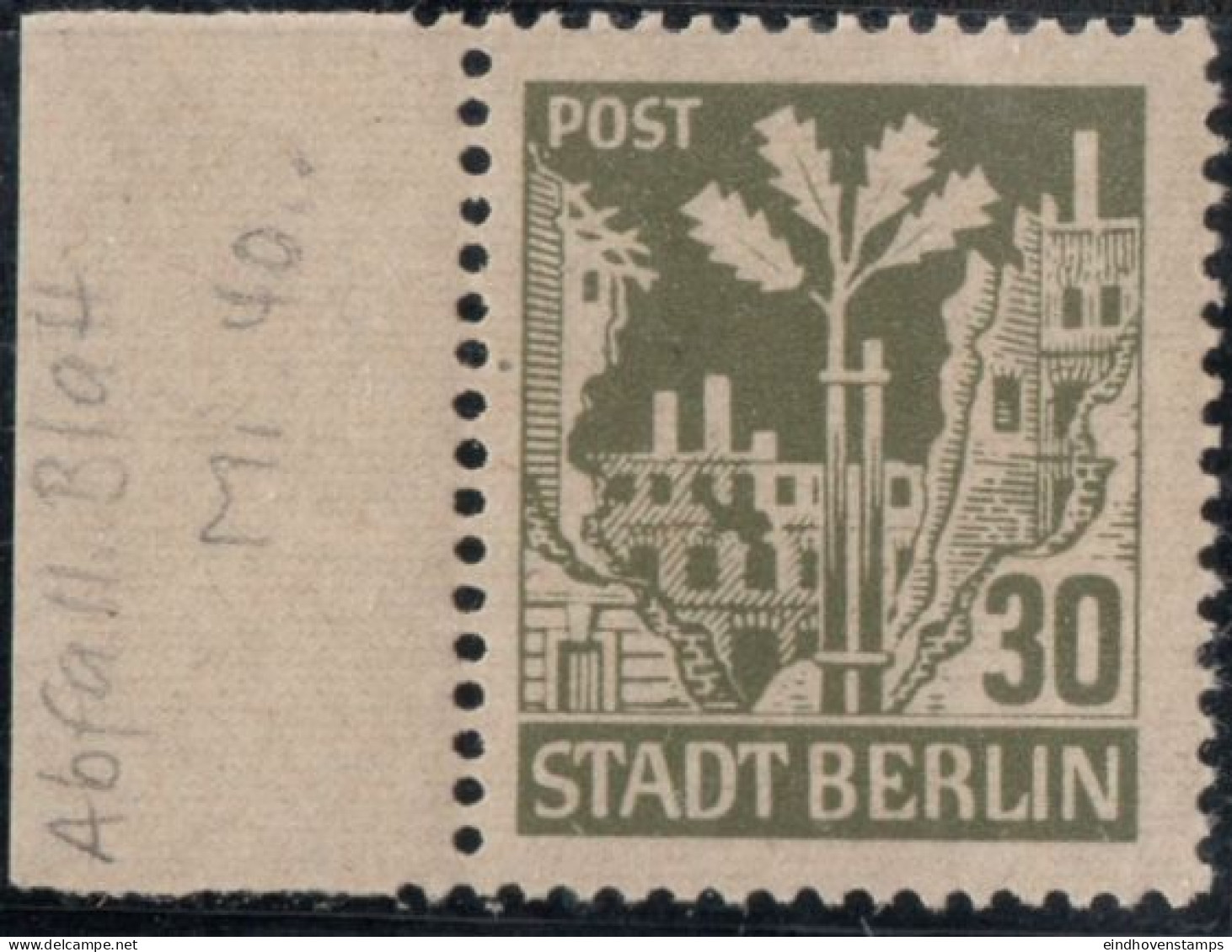 Germany 1945 Stadt Berlin 30 Pf Paper WA Z Plateflaw Mi I MNH Certified Ströh BPP Acorn At First Branch Right - Berlin & Brandebourg