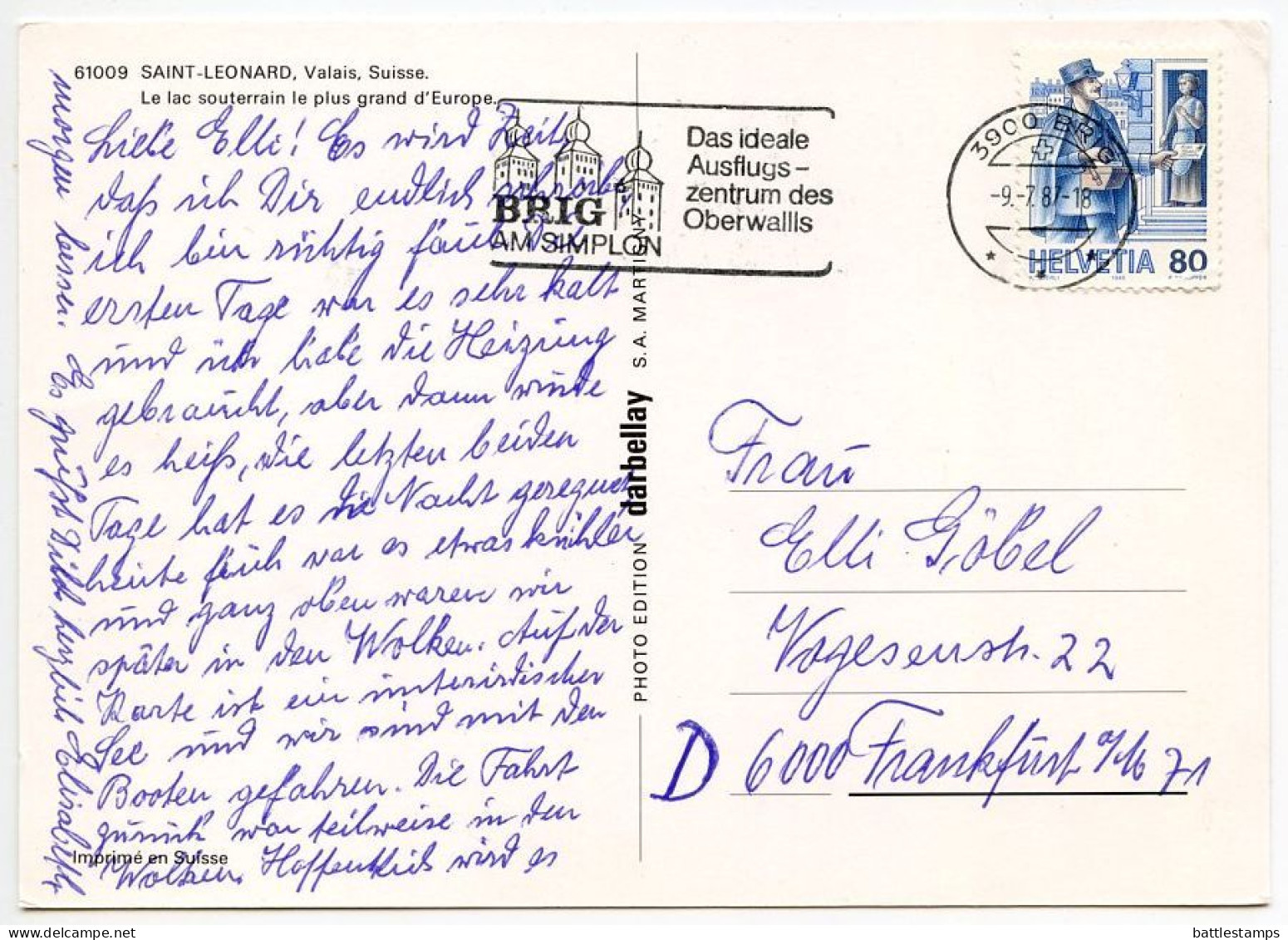 Switzerland 1987 Postcard Saint-Leonard - Le Lac Souterrain Le Plus Grand D'Europe; 80c. Postman Stamp - Saint-Léonard