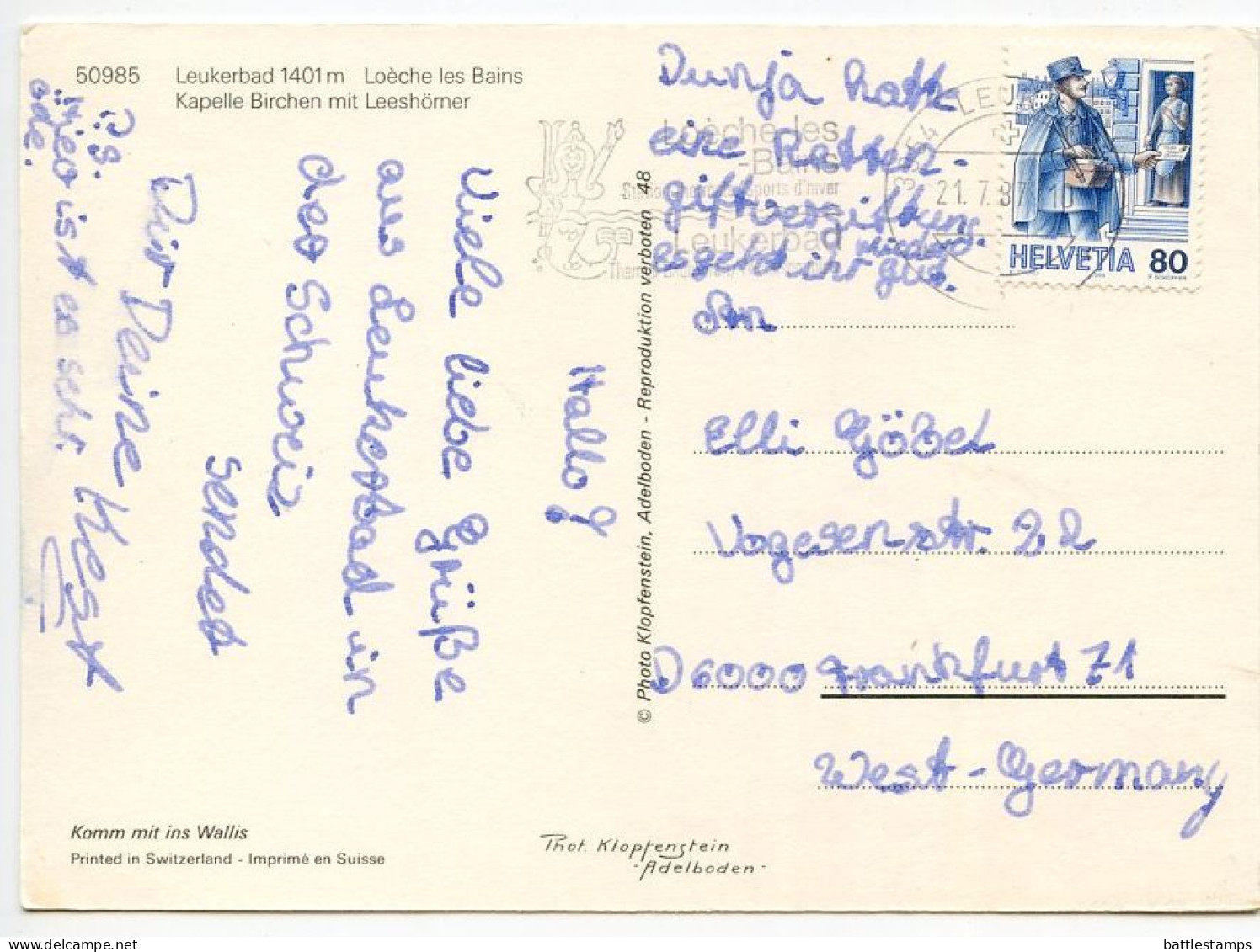 Switzerland 1987 Postcard Leukerbad - Loèche Les Bains, Kaelle Birchen Mit Leeshorner; 80c. Postman Stamp - Loèche-les-Bains