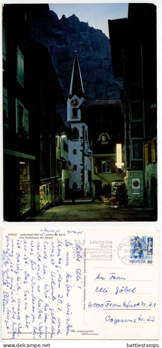 Switzerland 1987 Postcard Leukerbad - Loèche Les Bains, Die Dorfstrasse Am Abend; 80c. Postman Stamp - Loèche-les-Bains