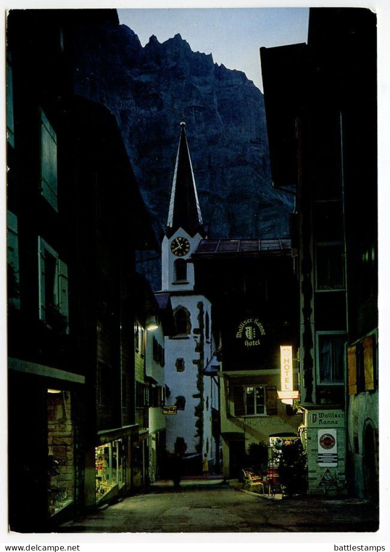 Switzerland 1987 Postcard Leukerbad - Loèche Les Bains, Die Dorfstrasse Am Abend; 80c. Postman Stamp - Loèche-les-Bains