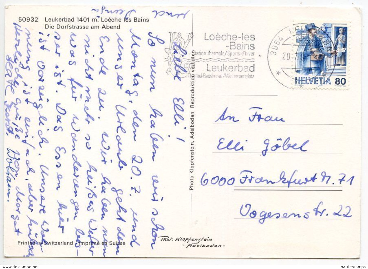 Switzerland 1987 Postcard Leukerbad - Loèche Les Bains, Die Dorfstrasse Am Abend; 80c. Postman Stamp - Loèche-les-Bains