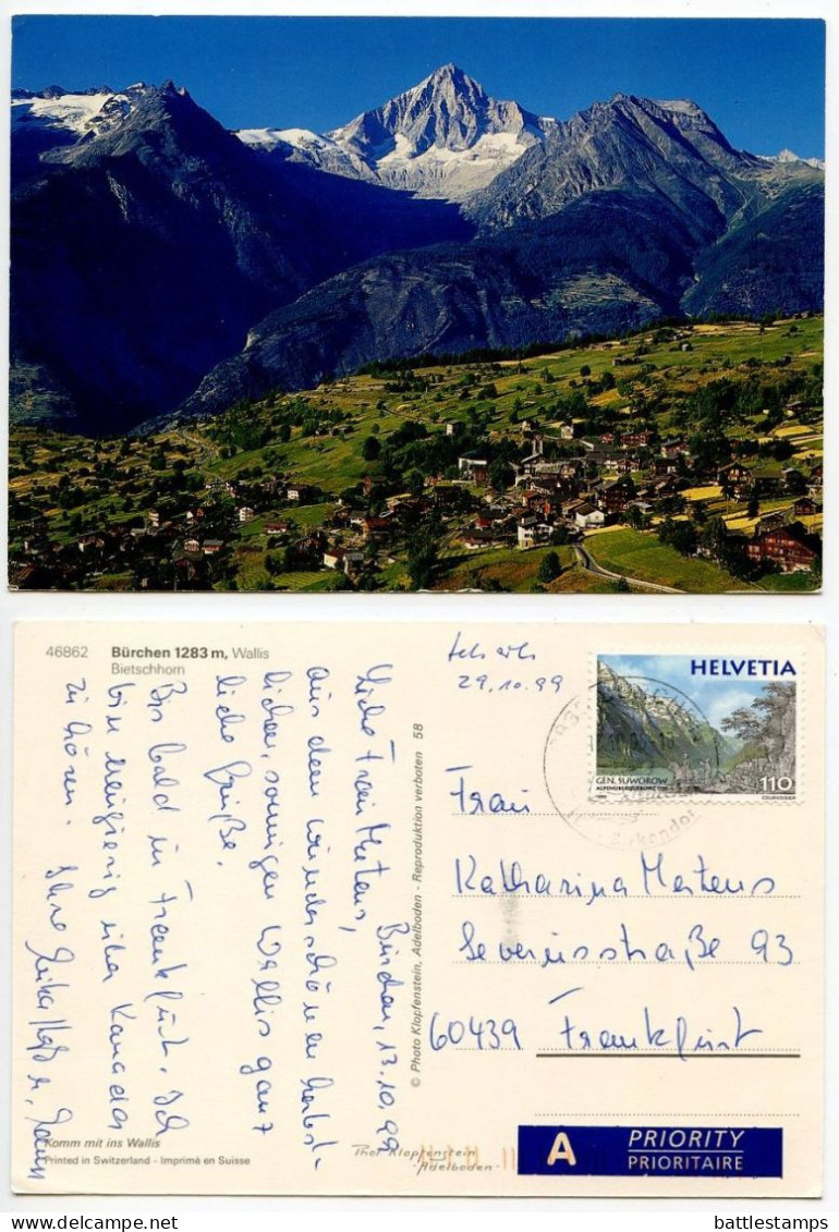 Switzerland 1999 Postcard Bürchen 1283m, Wallis Bietschhorn; 110c. Gen. Suworow Stamp - Bürchen