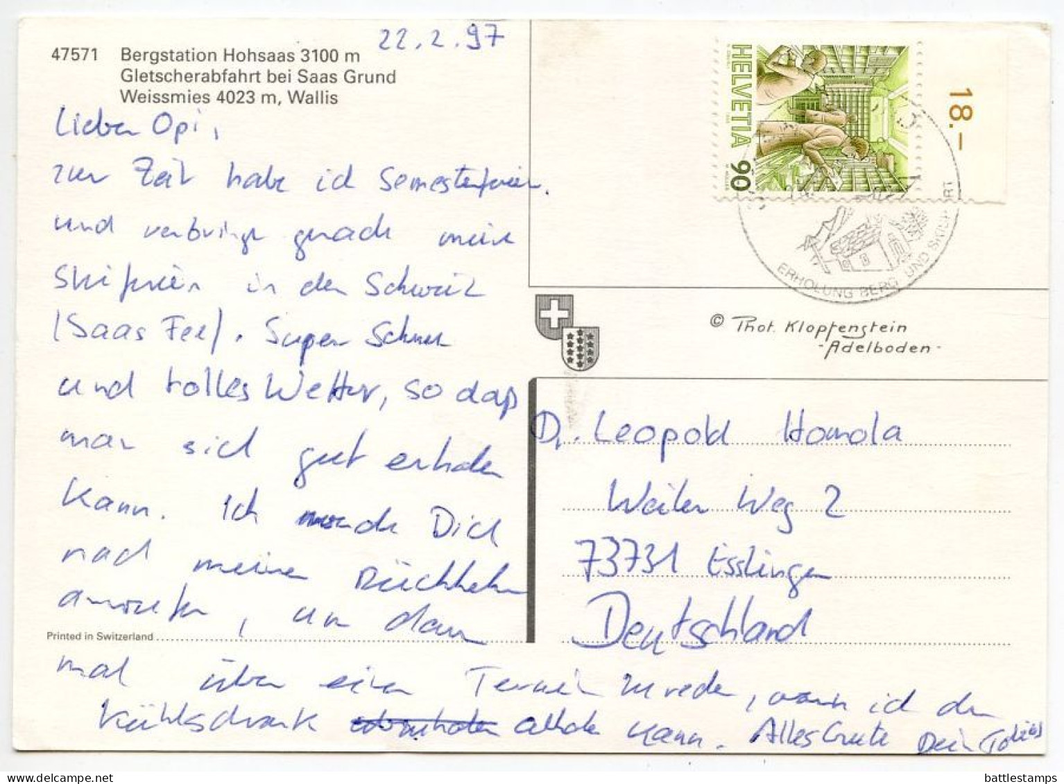 Switzerland 1997 Postcard Bergstation Hohsaas, Gletscherabfahrt Bei Saas Grund; 90c. Railroad Mail Car Stamp - Saas-Grund