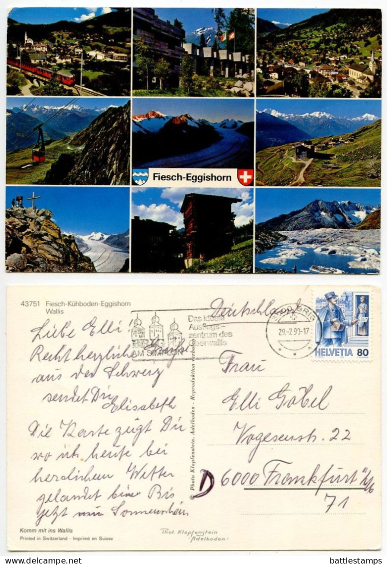 Switzerland 1990 Postcard Fiesch-Kuhboden - Eggishorn Wallis - Multiple Views; 80c. Postman Stamp; Slogan Cancel - Fiesch