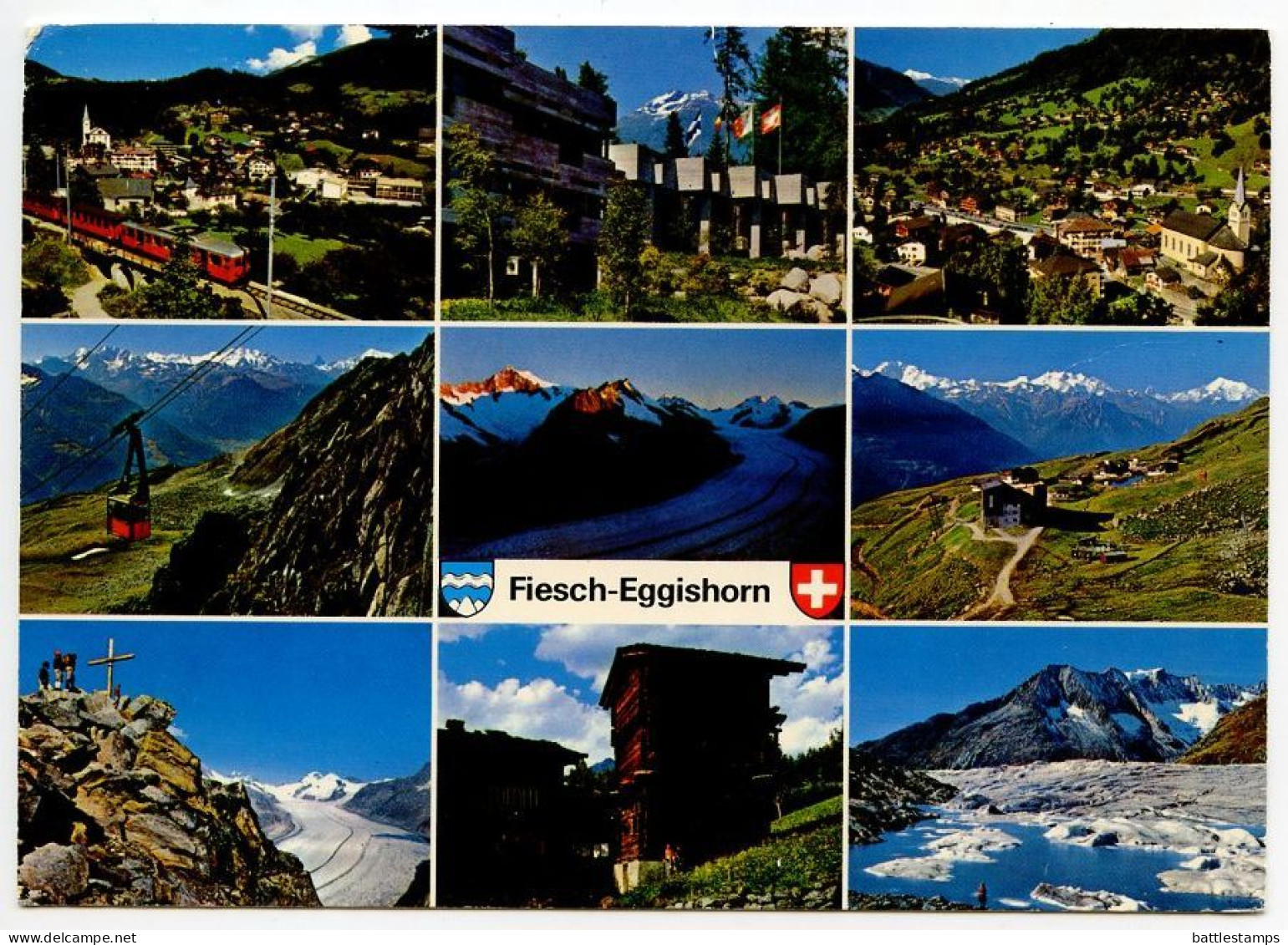 Switzerland 1990 Postcard Fiesch-Kuhboden - Eggishorn Wallis - Multiple Views; 80c. Postman Stamp; Slogan Cancel - Fiesch