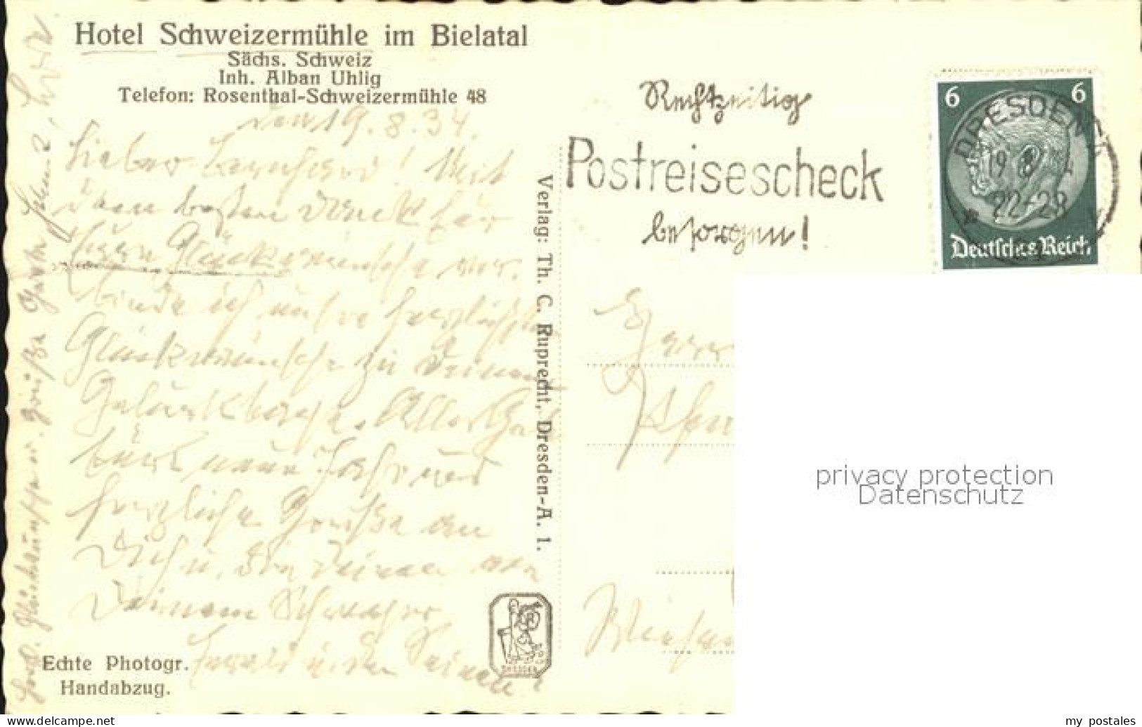 72490904 Rosenthal-Bielatal Hotel Pension Schweizermuehle Handabzug Rosenthal-Bi - Rosenthal-Bielatal