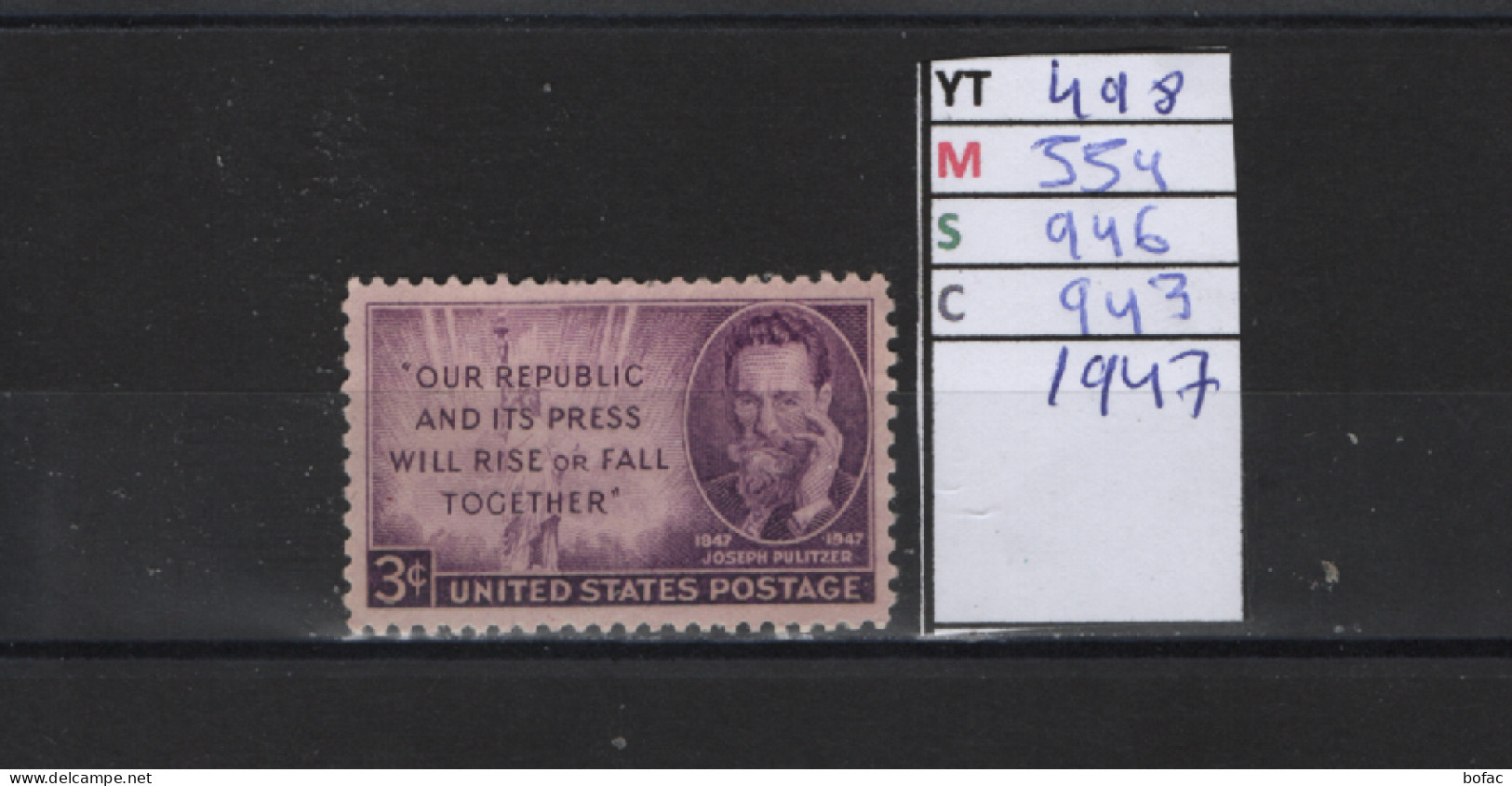 PRIX FIXE Obl  498 YT 554 MIC 946  SCO 943 GIB Joseph Pulitzer 1947 Etats Unis 58A/04 - Used Stamps