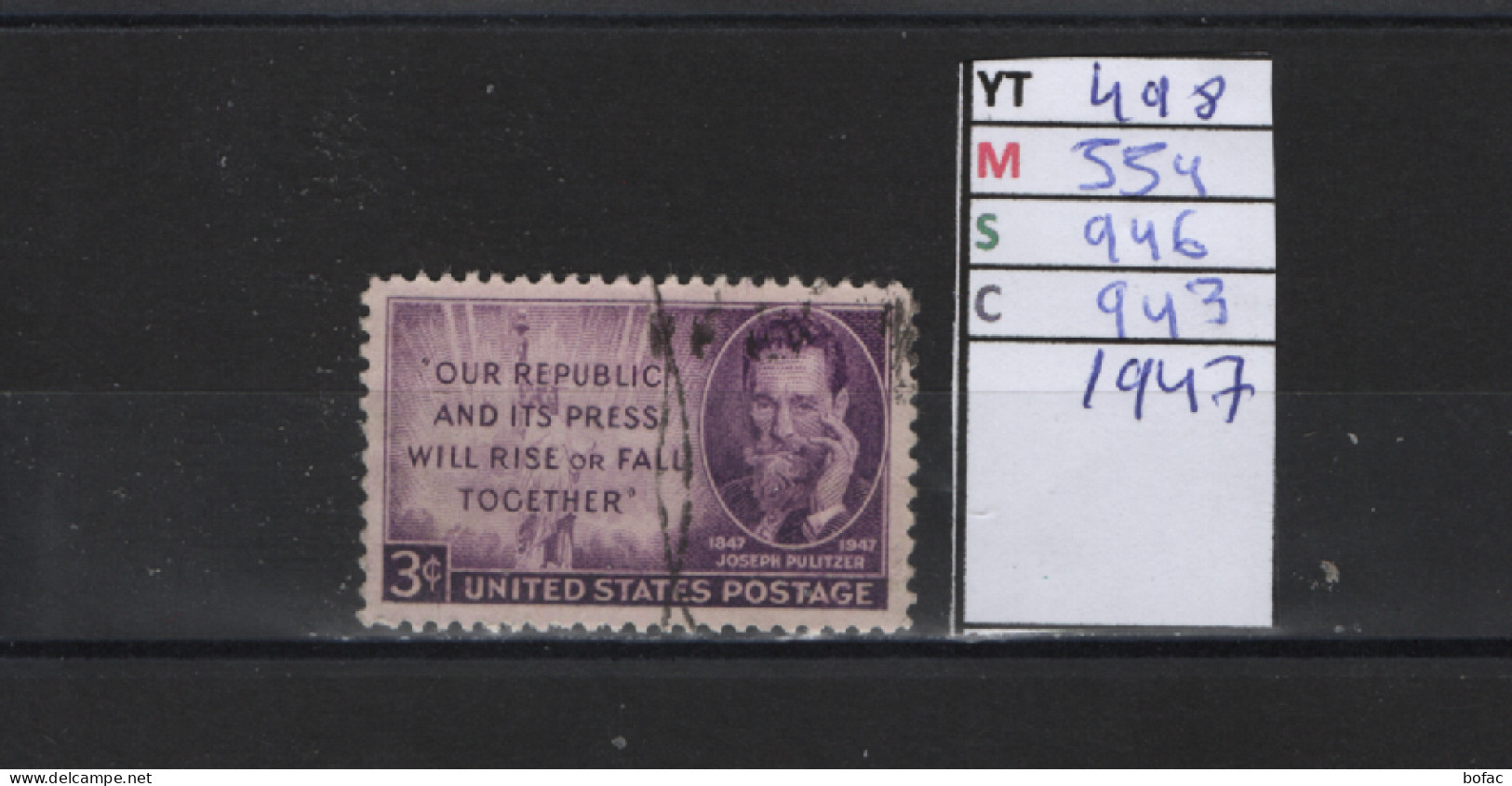 PRIX FIXE Obl  498 YT 554 MIC 946  SCO 943 GIB Joseph Pulitzer 1947 Etats Unis 58A/04 - Used Stamps