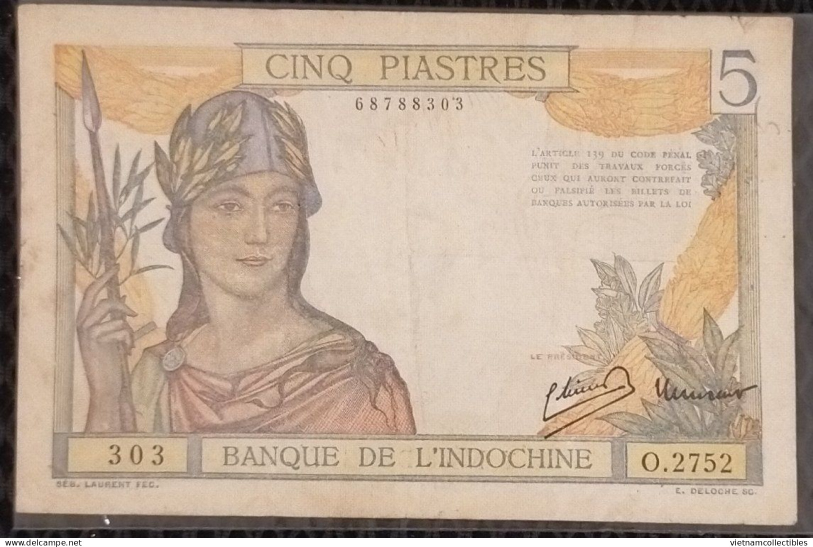 Indochine Indochina Vietnam Viet Nam Laos Cambodia 5 Piastres VF Banknote 1946 - Pick # 55c / 02 Photos - Indocina