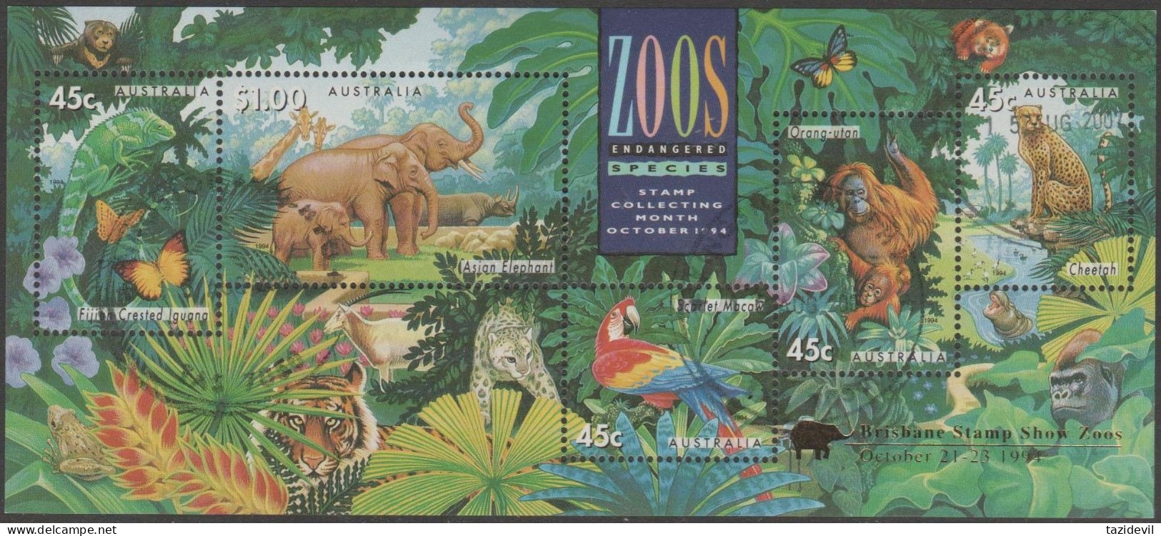 AUSTRALIA - USED - 1994 $2.80 Zoo's Souvenir Sheet Overprinted "Brisbane Stamp Show Zoos" - Oblitérés
