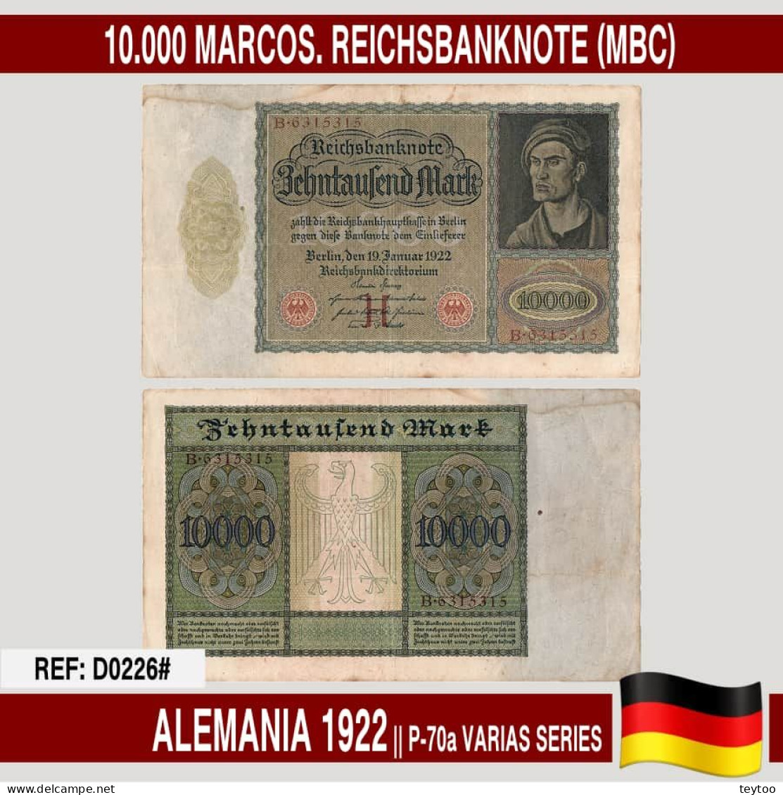 D0226# Alemania 1922. 10.000 Marcos. Reichsbanknote (MBC) P-70a - 10.000 Mark