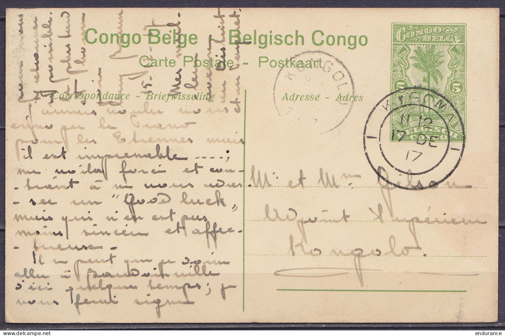 Congo Belge - EP CP 5c Vert "Chutes De La Lubilash Près De Tshala" Càd UK KIGOMA /17 DE 1917 Pour Adjoint Supérieur Andr - Stamped Stationery