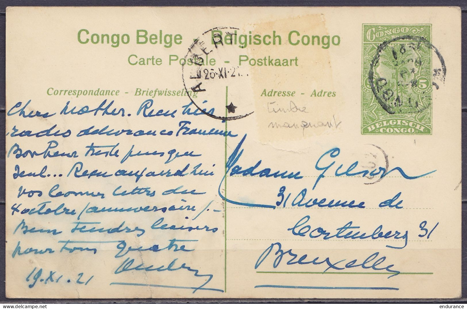 Congo Belge - EP CP 5c Vert "Habitations Sur Le Haut Congo" Càd KASONGO /2? NOVE 1921 (timbre Manquant) Via Albertville  - Stamped Stationery