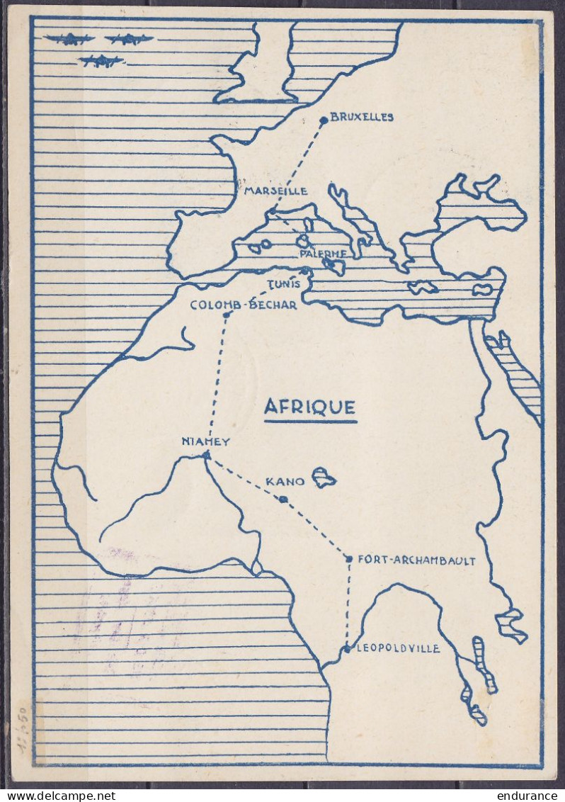 CP Commémorative "1e Vol Groupé Belgique-Congo Belge" Affr. PA1+N°425+456/57 Càd BRUXELLES-AEROPORT /22-10-1937 Pour LEO - Storia Postale