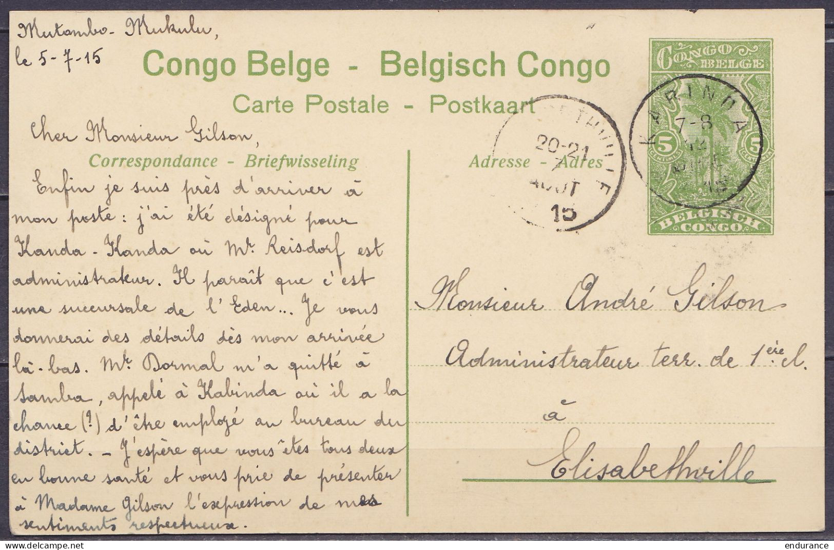 Congo Belge - EP CP 5c Vert "Pont De La Lukula Dans Le Mayumbe" De Mutambo-Mukulu Càd KABINDA /12 JUILLET 1915 Pour Admi - Entiers Postaux