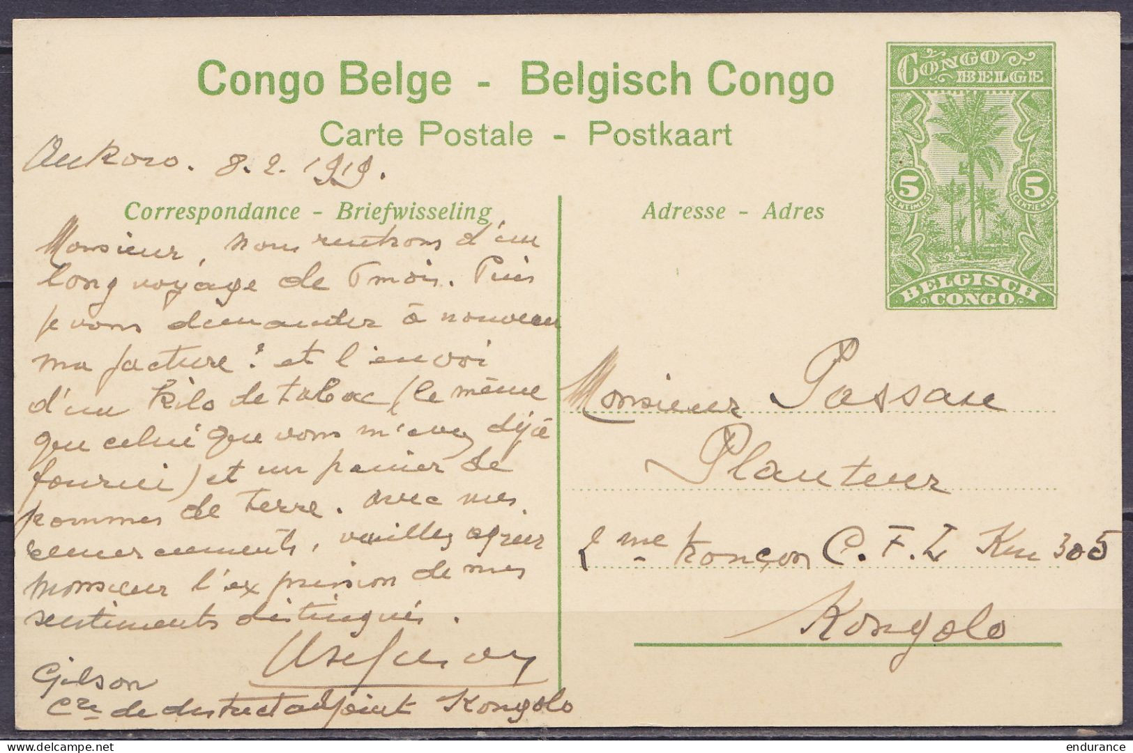 Congo Belge - EP CP 5c Vert "Basoko Frabrication De Paniers" Datée 8 Février 1919 De ANKORO Du Commissaire De District A - Entiers Postaux