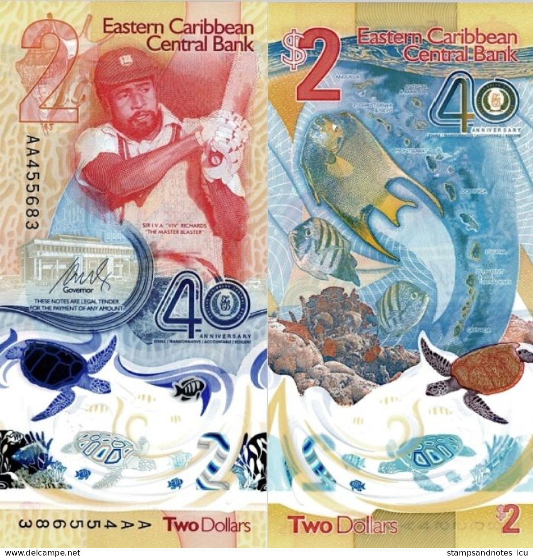 EAST CARRIBEANS 2 Dollars 2023 P W61 UNC 40th Anniversary Of Bank (1983-2023) - East Carribeans
