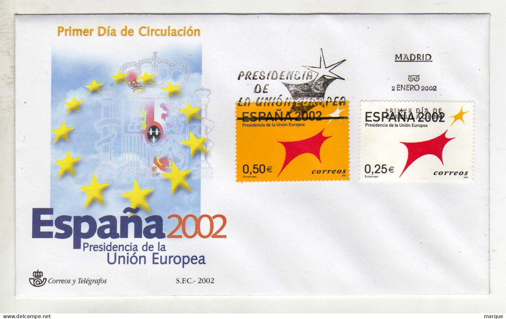 Enveloppe 1er Jour ESPAGNE ESPANA Oblitération MADRID 02/01/2002 - FDC