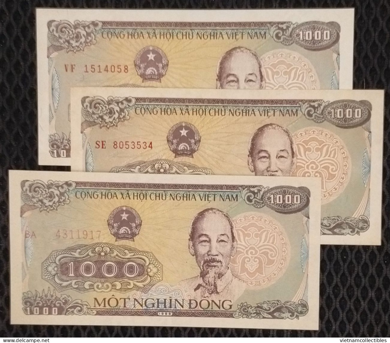 Lot Of 03 Vietnam Viet Nam 1000 1,000 Dong UNC Banknote Notes 1988 - DIFFERENT ONES - Pick # 106a(1), (2) & 106b - Vietnam