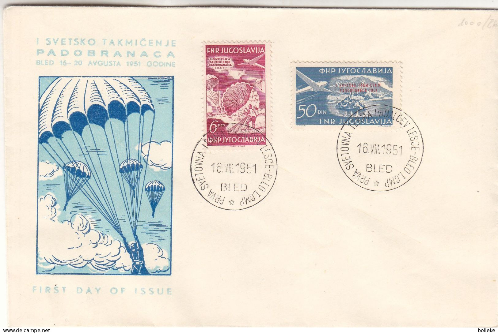Yougoslavie - Lettre FDC De 1951 - Oblit Bled - Avions - Parachutisme - Valeur 120 Euros - - Cartas & Documentos