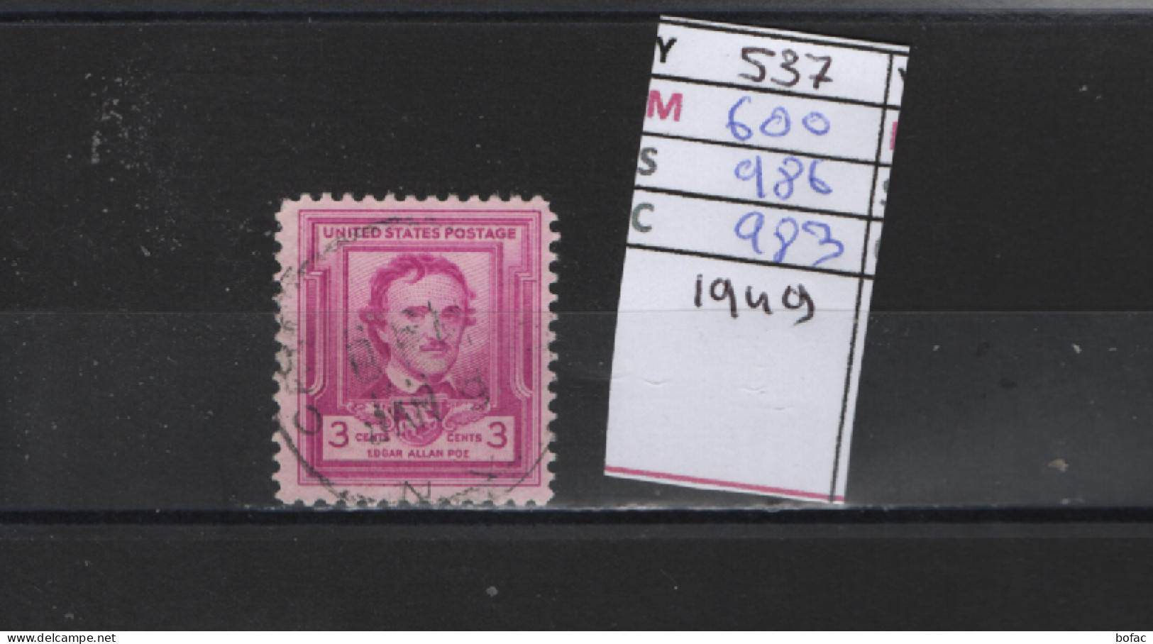 PRIX FIXE Obl 537 YT 600 MIC 986 SCO 983 GIB Edgar Allan Poë 1949 Etats Unis 58A/05 - Used Stamps