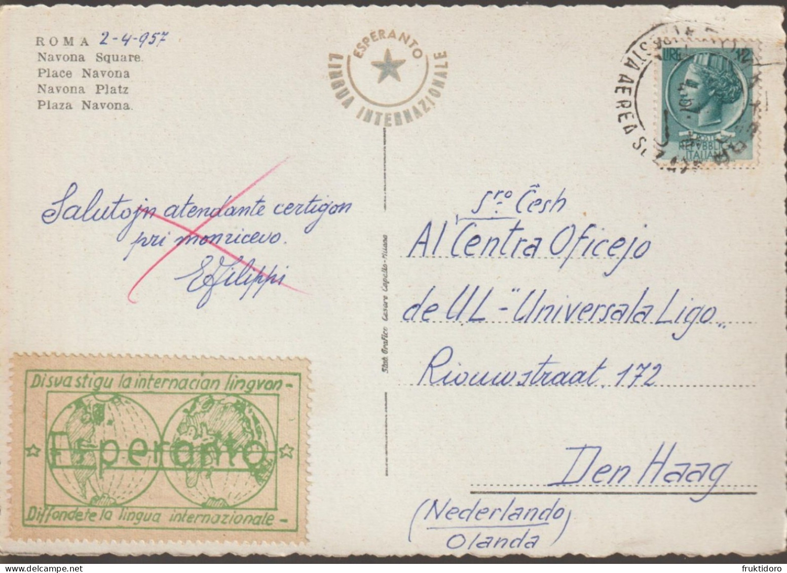 AKEO Card Navona Square In Rome (Italy) Esperanto Cinderella 1957 - Esperanto