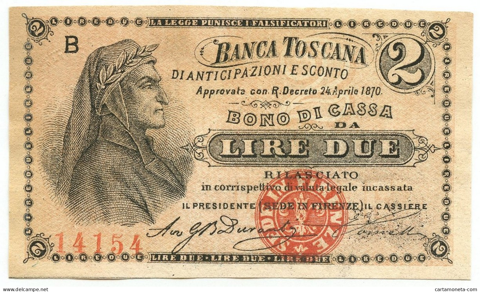 2 LIRE BANCA TOSCANA DI ANTICIPAZIONI E SCONTO FIRENZE 24/04/1870 SUP- - Other & Unclassified