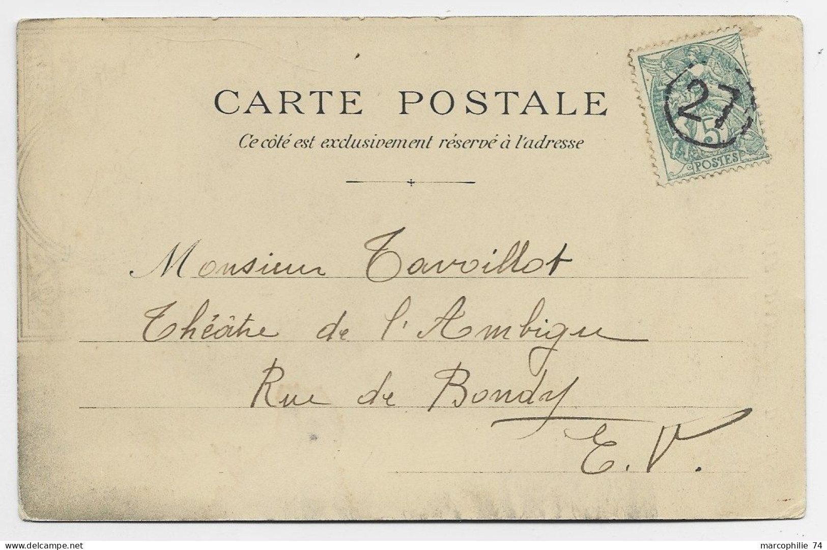 FRANCE BLANC 5C MIGNONNETTE CHIFFRE  27 JOUR DE L'AN CARTE FANTAISIE IVRY SEINE POUR IVRY - 1900-29 Blanc