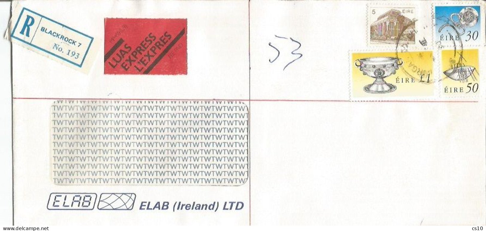 Eire Registered Express Commerce CV Blackrock 31aug1990 X Italy With 4 Stamps Rate £.1.85 - Brieven En Documenten