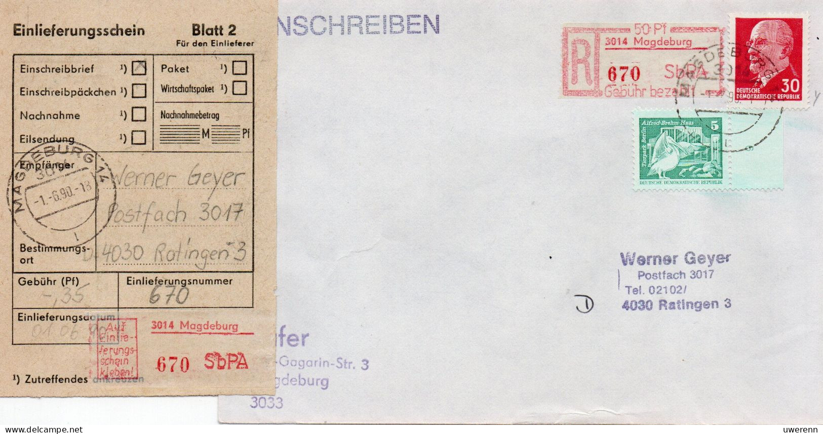 DDR 1990. Einschreibemarke SbPA Gebr., EM 3-3014(a) Brief - Etichette Di Raccomandazione