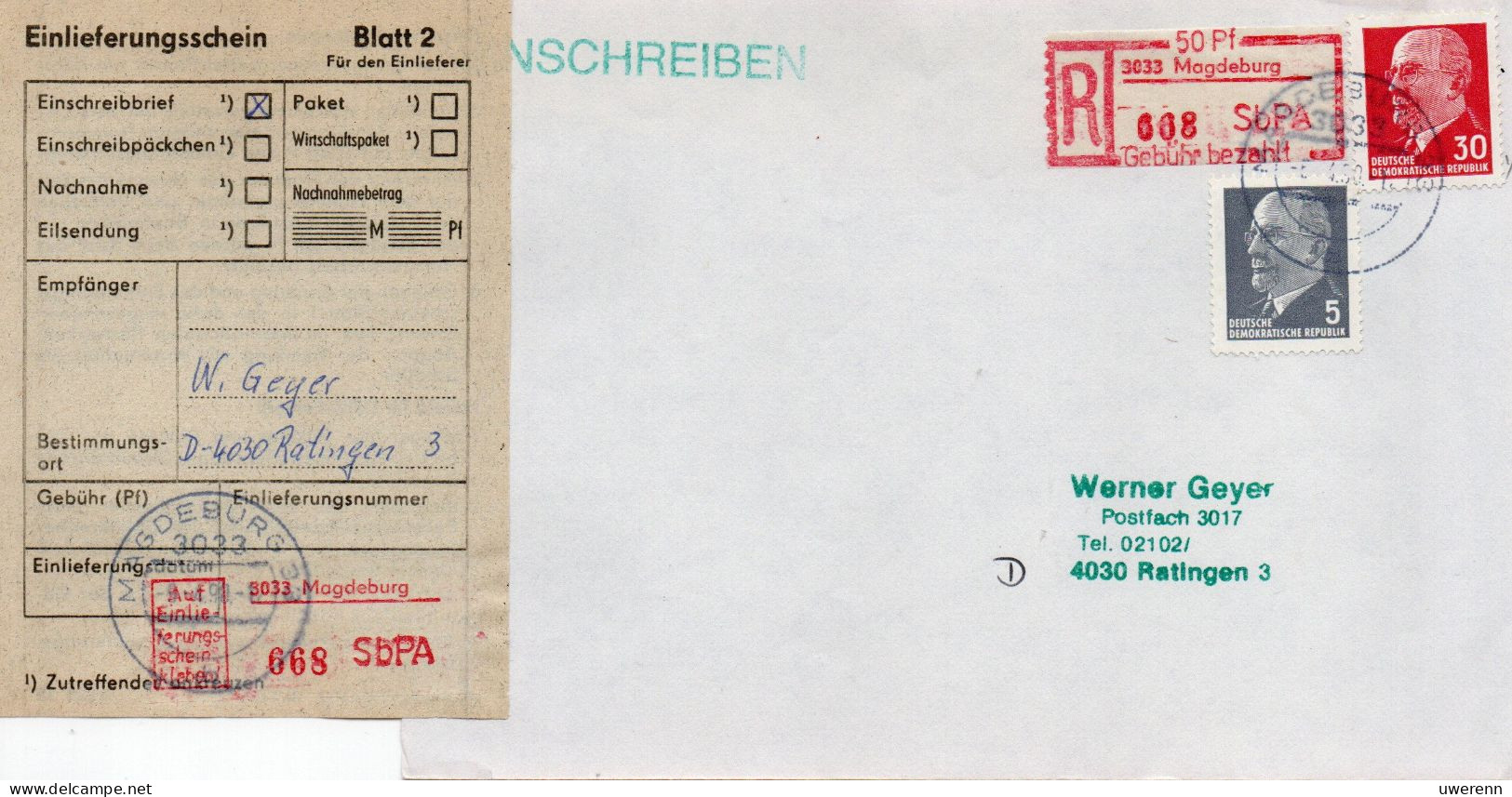 DDR 1990. Einschreibemarke SbPA Gebr., EM 3-3033 Brief - R-Zettel