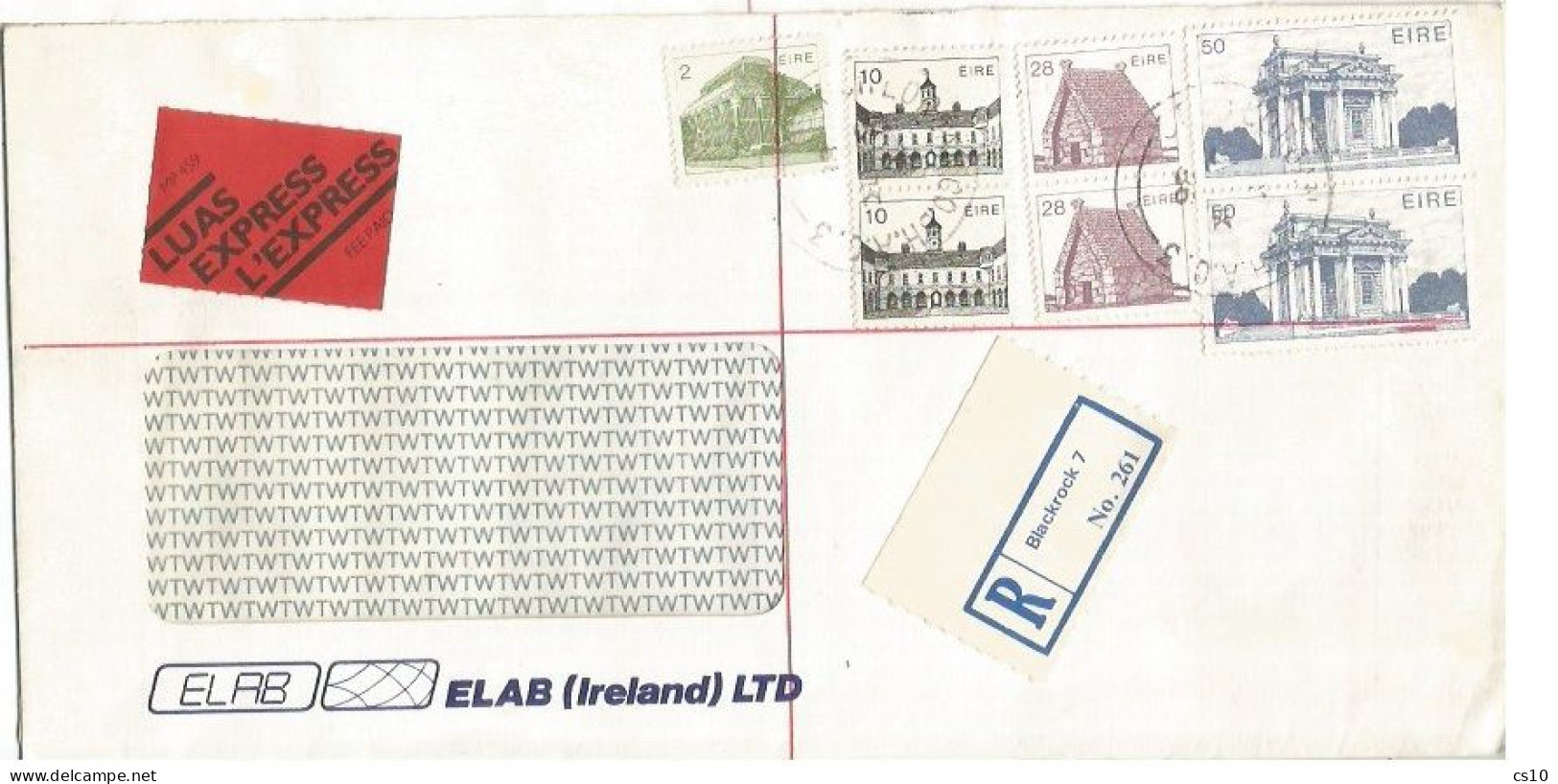 Eire Registered Express Commerce CV Blackrock 5nov1986 X Italy With 7 Stamps Rate £.1.78 - Covers & Documents