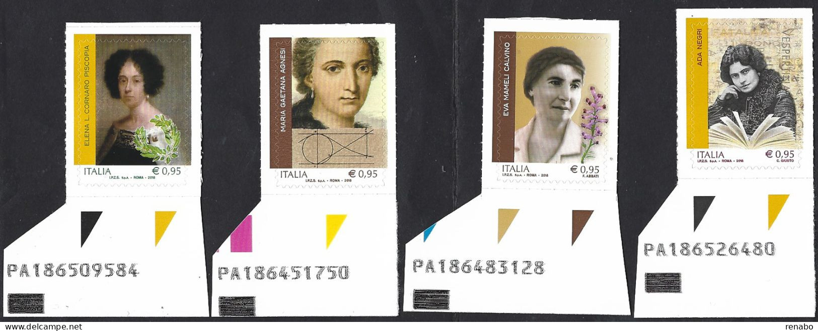 Italia 2018; Genio Femminile: Elena Cornaro, Gaetana Agnesi, Eva Calvino, Ada Negri, Alfanumerico Serie Completa. - Bar Codes