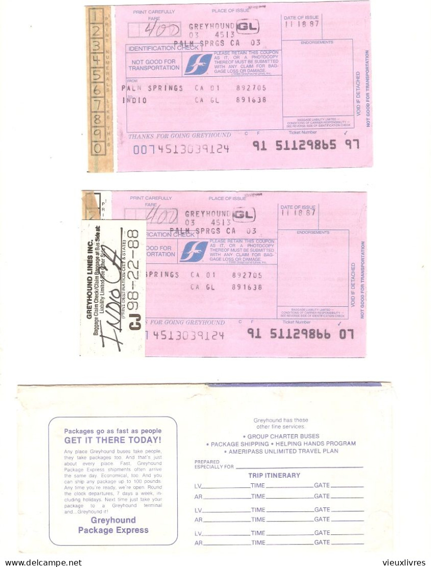 Greyhound Palm Springs Indio California 1987 Ticket De Bus - Mondo