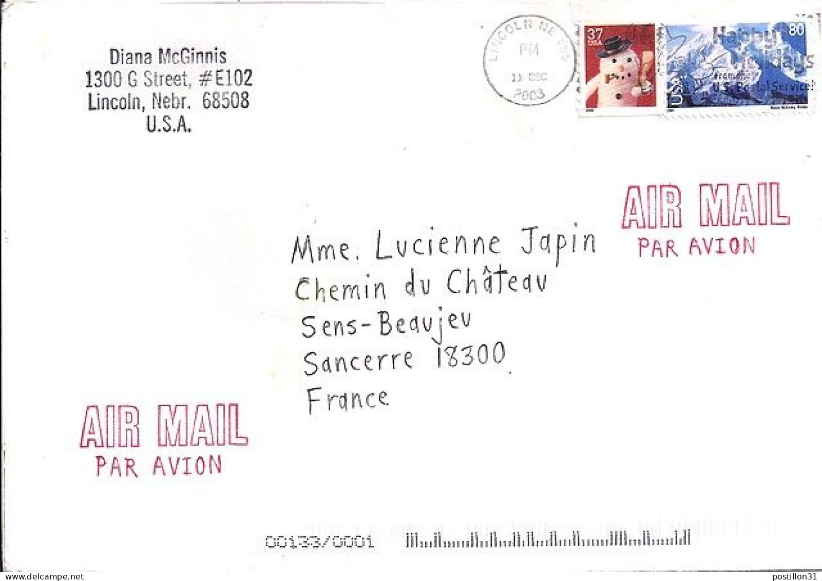 USA N° S/L.DE LINCOLN/11.12.03 POUR LA FRANCE - Storia Postale